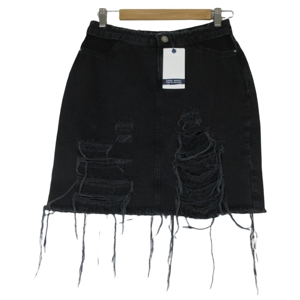Zara Basic Z1975 Denim Womens Medium Mini Skirt‎ Black Distressed Mesh Versatile